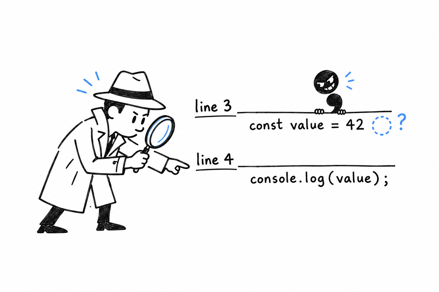 A detective pointing at an innocent line of code while the real culprit, a missing semicolon on the line above, hides just behind