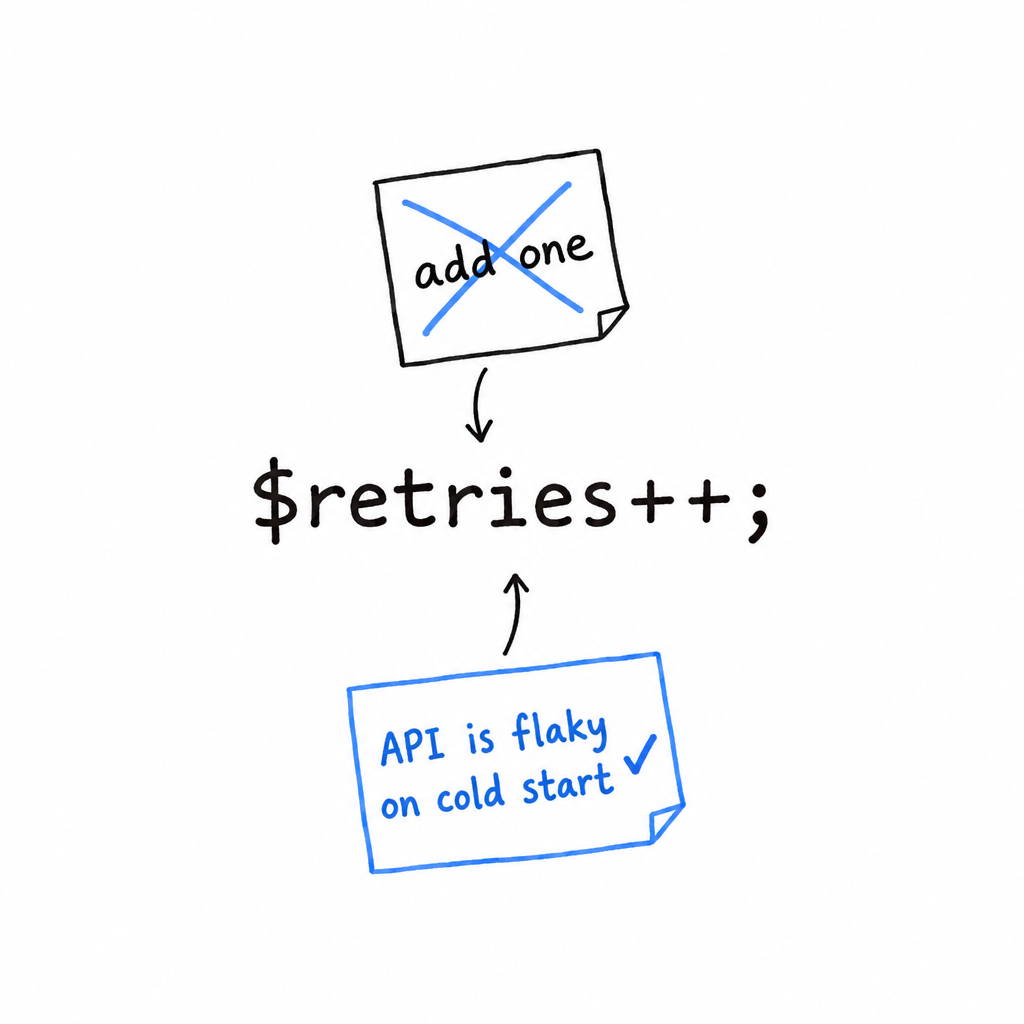 Two sticky notes on the same line of code: one repeats what the line does and is crossed out, the other explains why the line exists and is kept