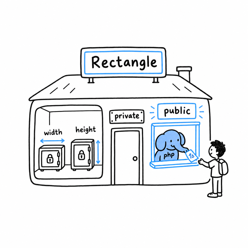 A house labeled Rectangle with two locked safes inside, width and height, a closed door marked private, and one open service window marked public where the value 10 is handed out to a visitor