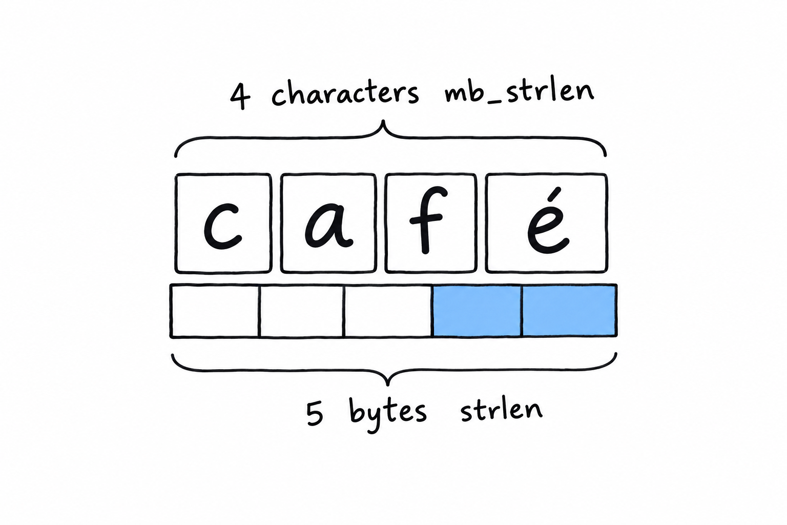 The word café as four letter tiles above a ruler of five byte cells, the é spanning two of them: strlen counts the cells, mb_strlen counts the tiles