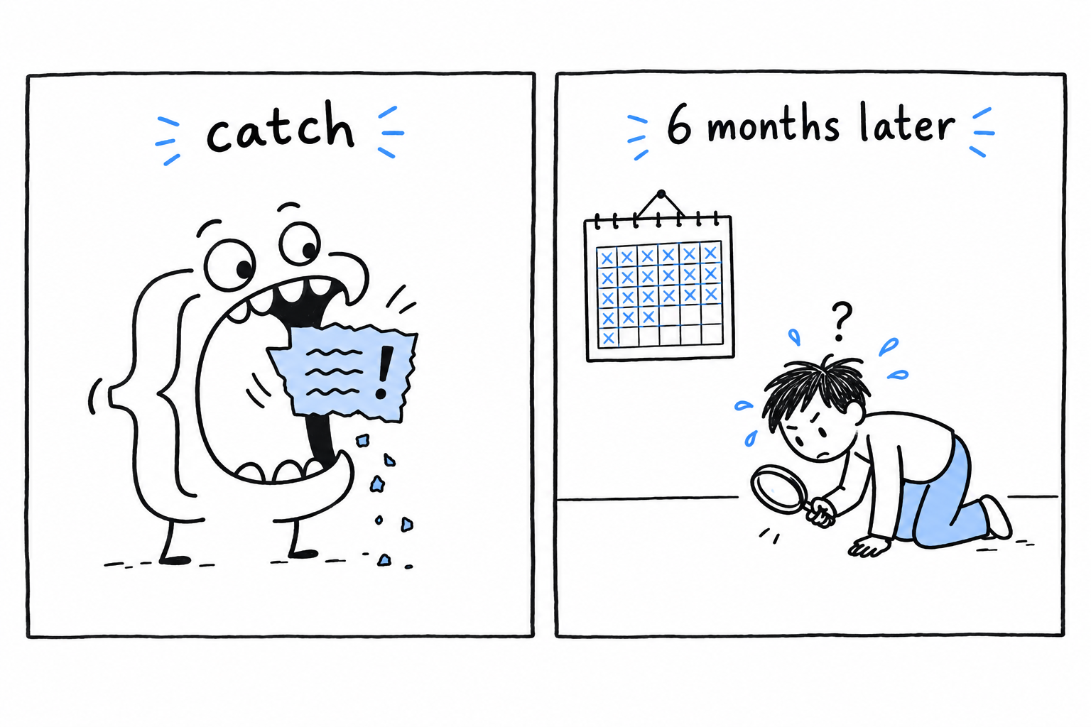 A catch block drawn as a creature swallowing an error message whole, while a developer later searches the empty floor with a magnifying glass and finds nothing
