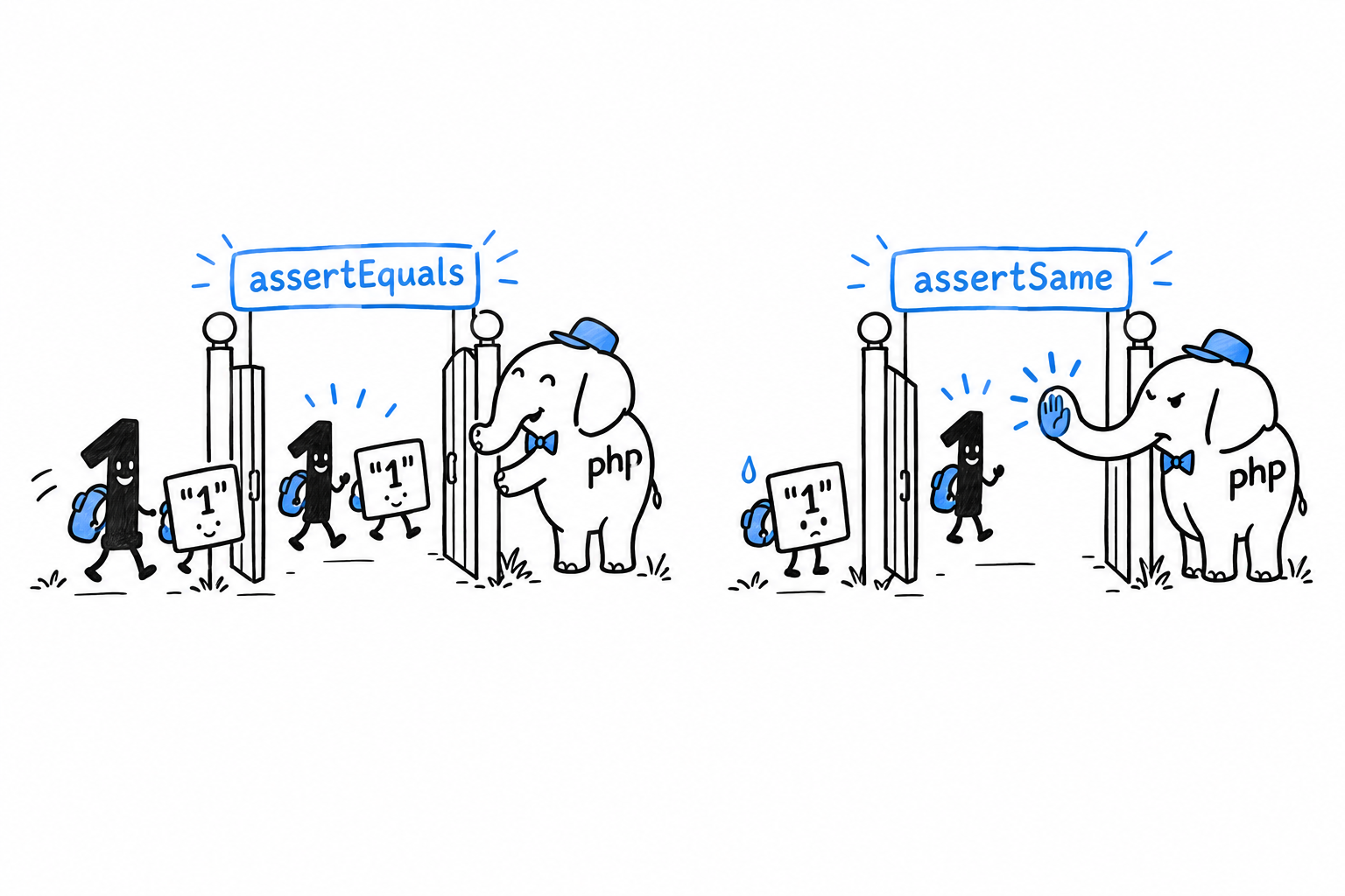 Two gates side by side: the assertEquals gate lets both the number 1 and the text 1 through, the assertSame gate lets the number through and stops the text