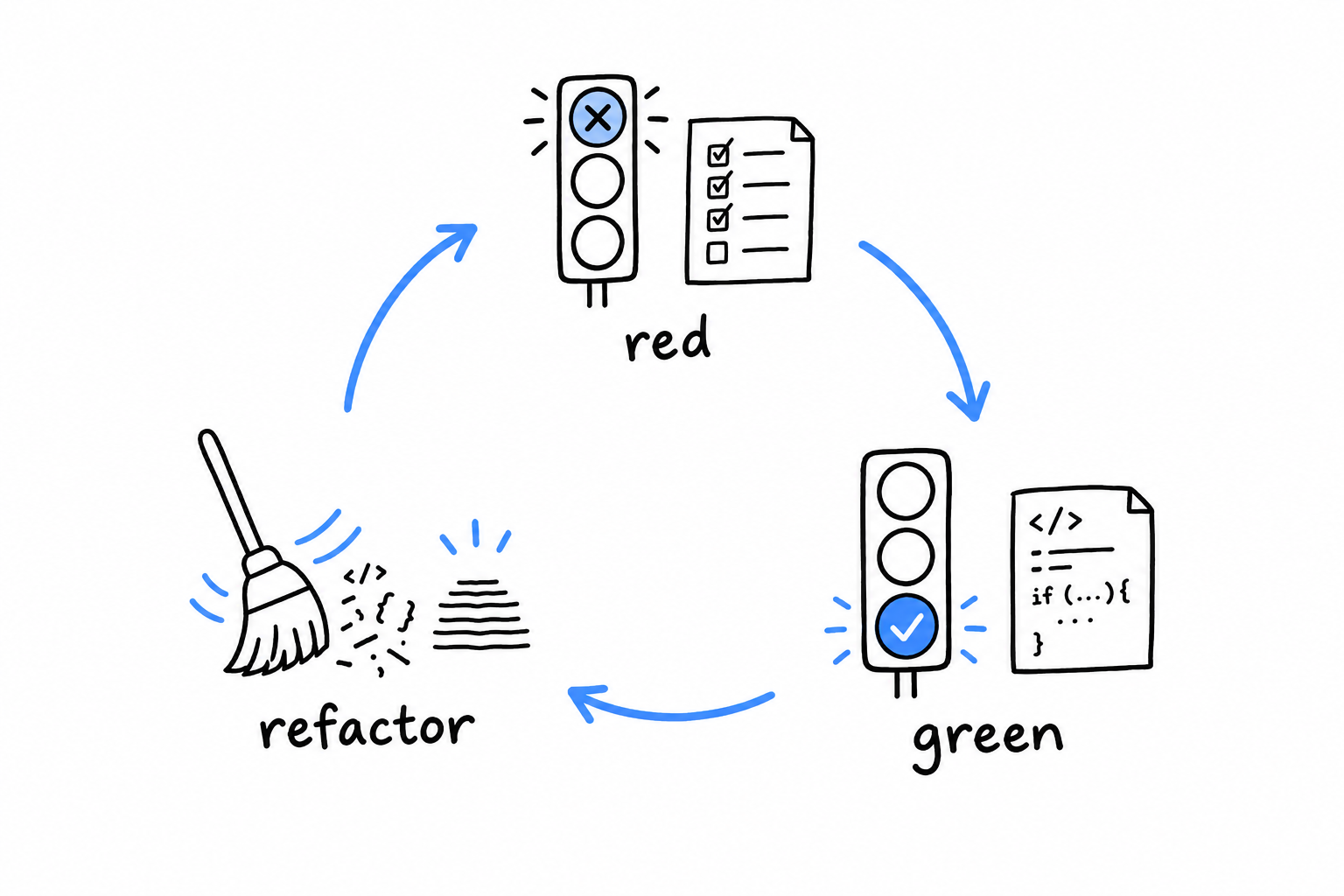 The test-driven development loop: write a failing test (red light), write just enough code to make it pass (green light), tidy the code, and around again