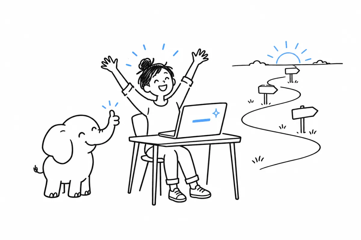 A young person at a desk throws both arms up in joy in front of a laptop showing one line of code, while a small elephant gives a thumbs-up.