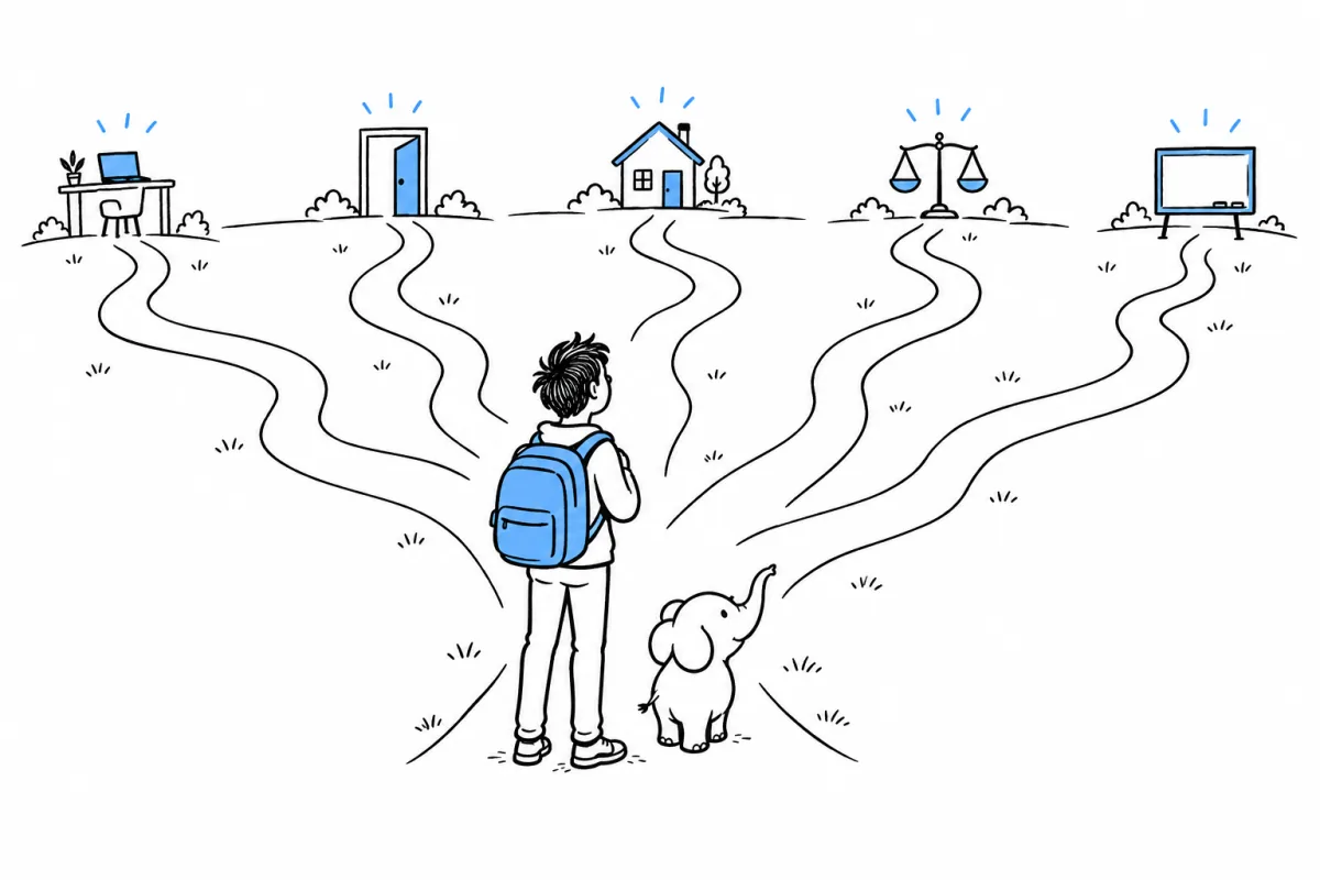 A person with a blue backpack stands where one path splits into five trails, each leading to a different place on the horizon. A small elephant beside them points the way.