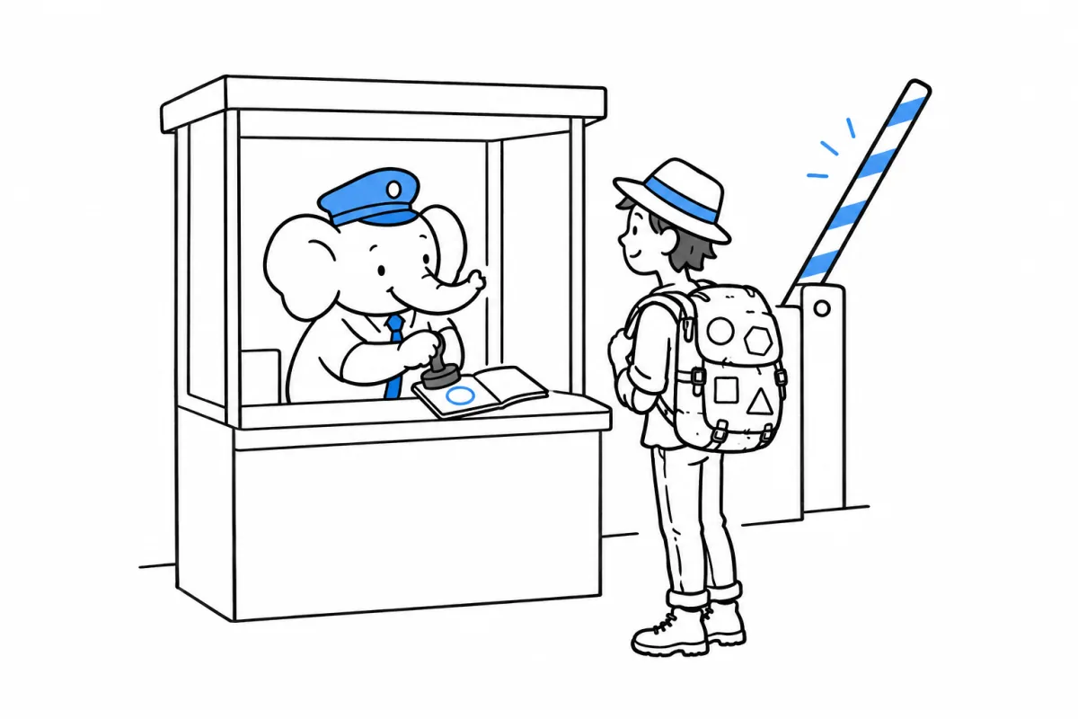 At a border booth, an elephant in a cap stamps the passport of a traveller whose backpack is covered in stickers. The barrier is already lifting.