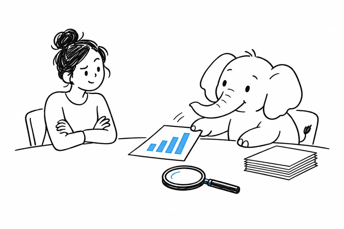 A person with crossed arms and a raised eyebrow looks at the bar chart an elephant slides across the table. A magnifying glass lies between them.