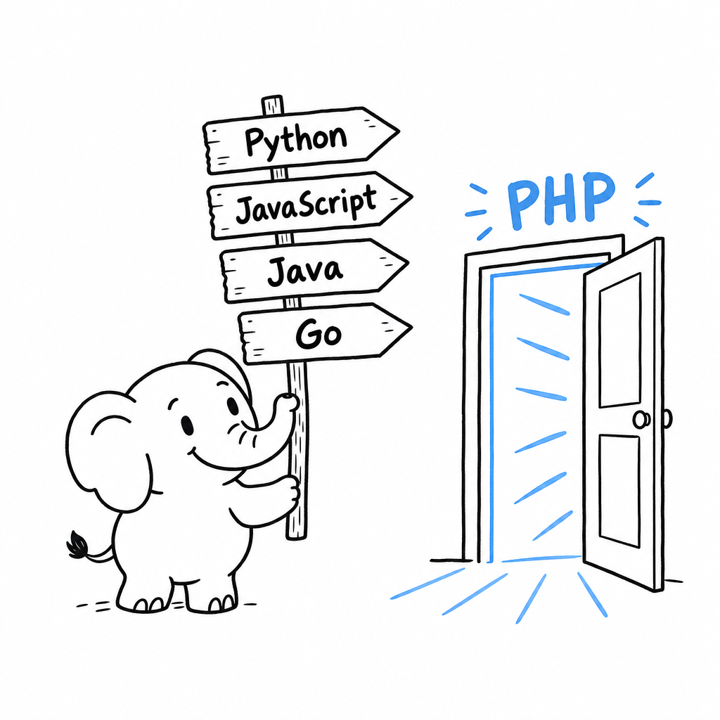 A small round elephant holding a signpost with arrows labelled Python, JavaScript, Java and Go, all pointing toward a single door marked PHP