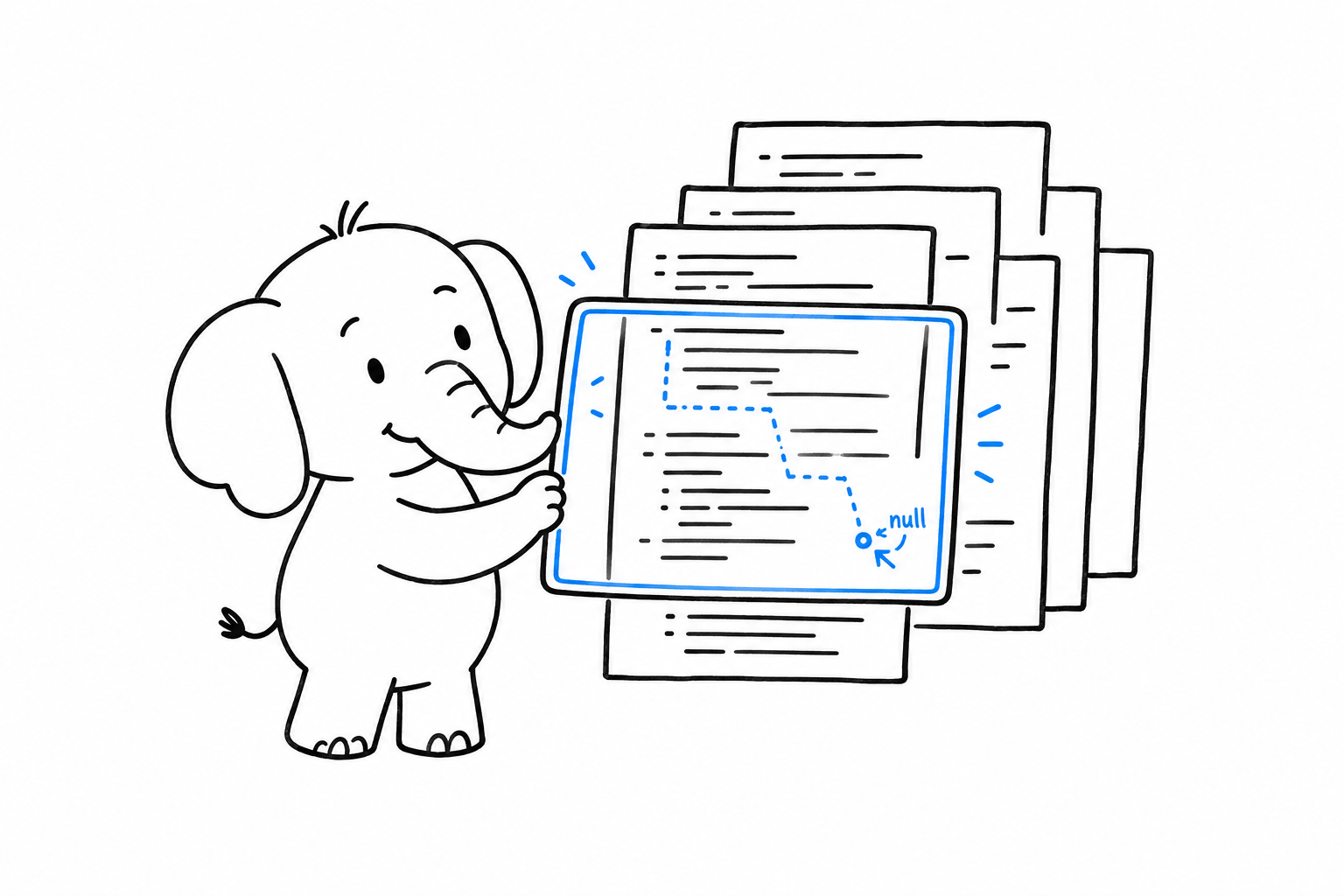 A small elephant holding an x-ray screen over a stack of PHP files; through the screen, a dotted line follows a value from one file to another and ends at a red mark where a null reaches a method call
