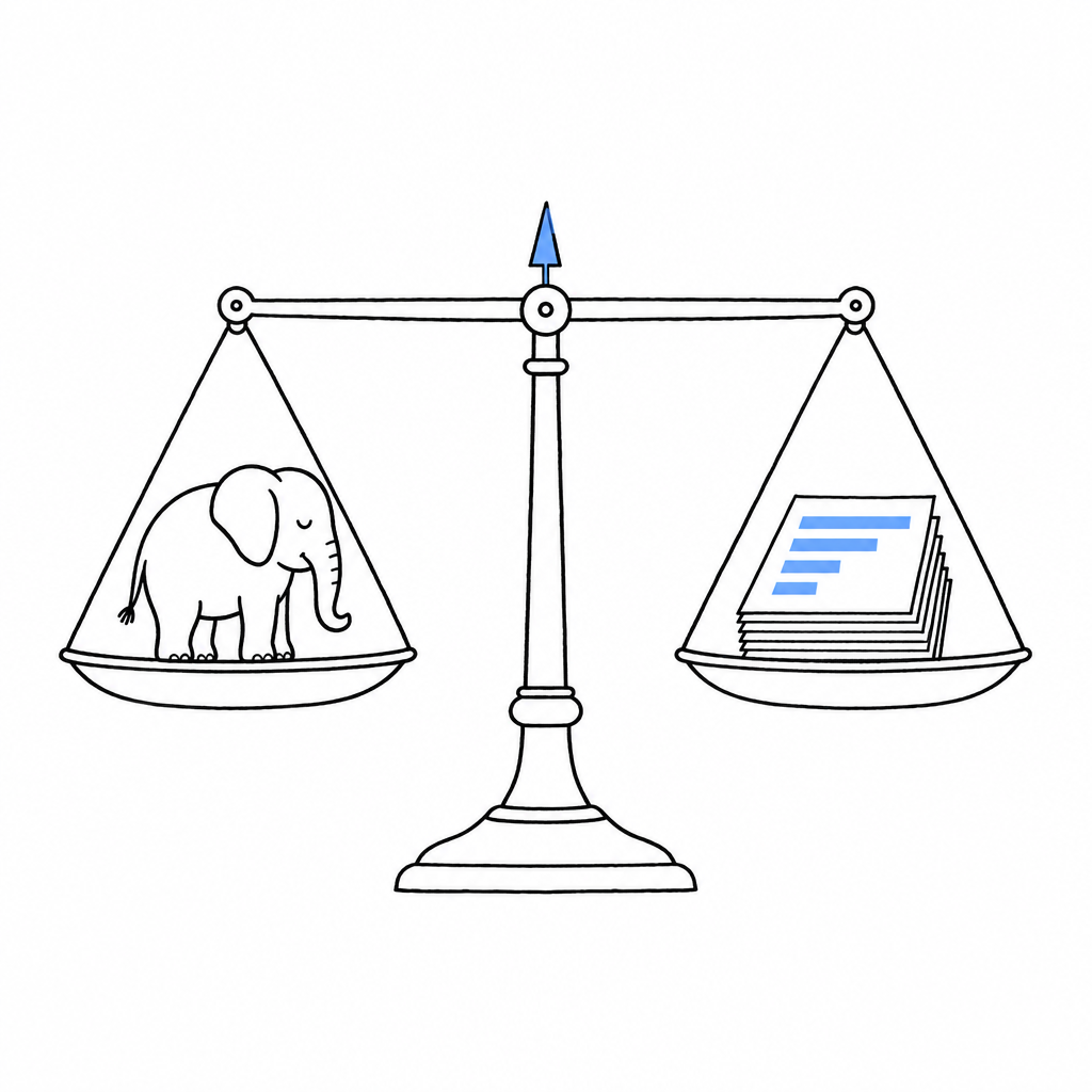 Un petit éléphant rond se tient sur l'un des plateaux d'une grande balance, et sur l'autre plateau repose une pile bien rangée de documents couverts de graphiques ; la balance est à l'équilibre