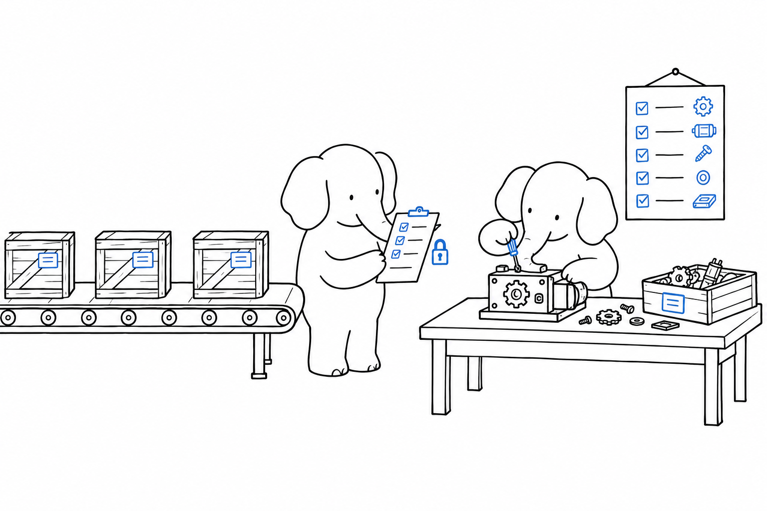 Un tapis roulant livre des caisses en bois étiquetées à un établi où un éléphant assemble une machine avec leur contenu. Au mur est accroché un porte-bloc qui liste chaque caisse, avec un petit cadenas dessiné à côté de la liste. Un second éléphant contrôle chaque caisse qui arrive contre le porte-bloc avant qu'elle n'atteigne l'établi