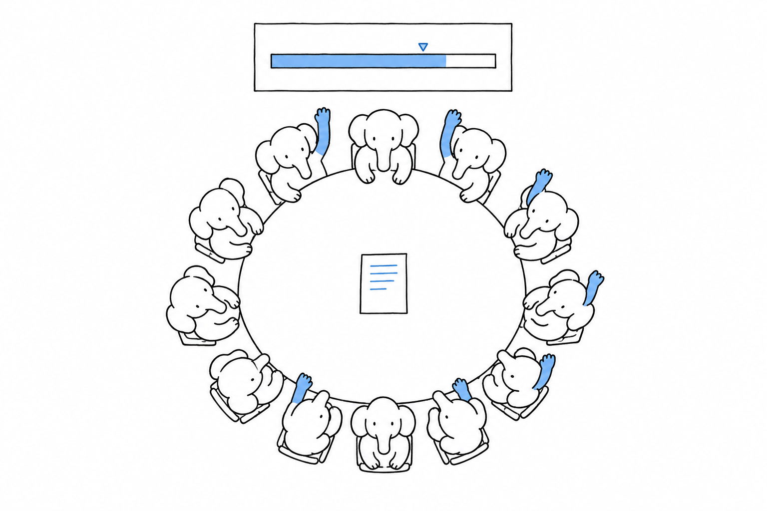 Une table ronde vue de dessus, avec une douzaine d'éléphants assis autour. Un document repose au centre. La plupart des éléphants lèvent une main ; quelques-uns gardent les deux sur la table. Au mur, une jauge horizontale avec un repère aux deux tiers de sa longueur, et le niveau de la jauge juste au-delà du repère