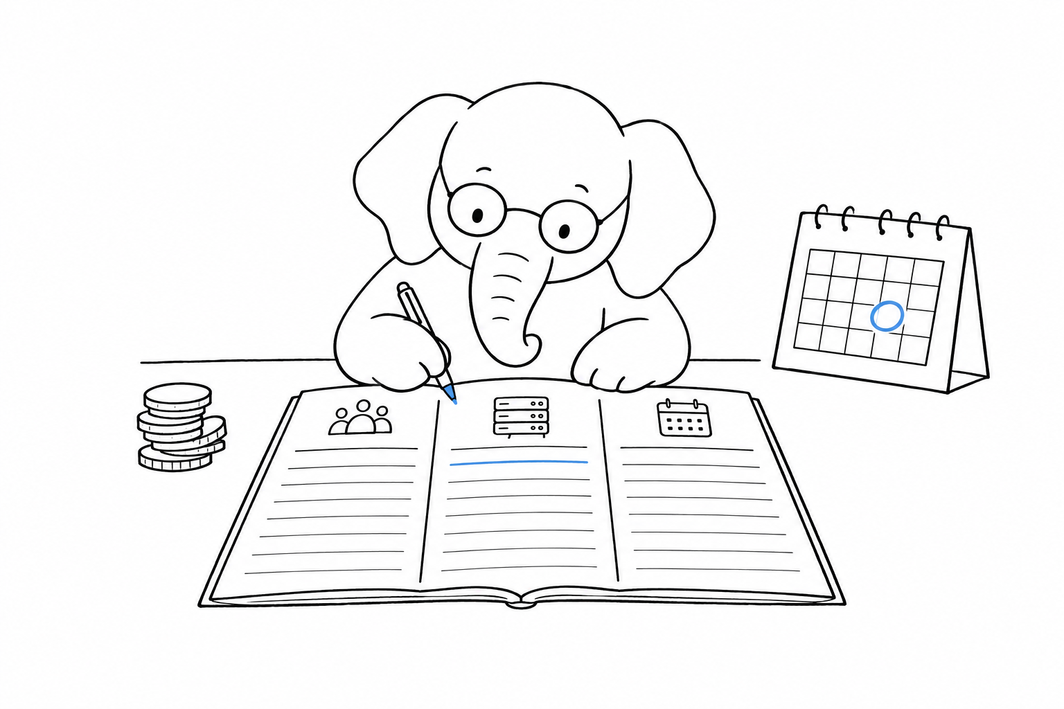 Un livre de comptes ouvert sur un bureau, à trois colonnes surmontées de petites icônes : un groupe de personnes, une baie de serveurs, un calendrier. Un éléphant à lunettes de lecture écrit dans la deuxième colonne. À côté du registre, une petite pile de pièces et un calendrier mural avec un mois entouré