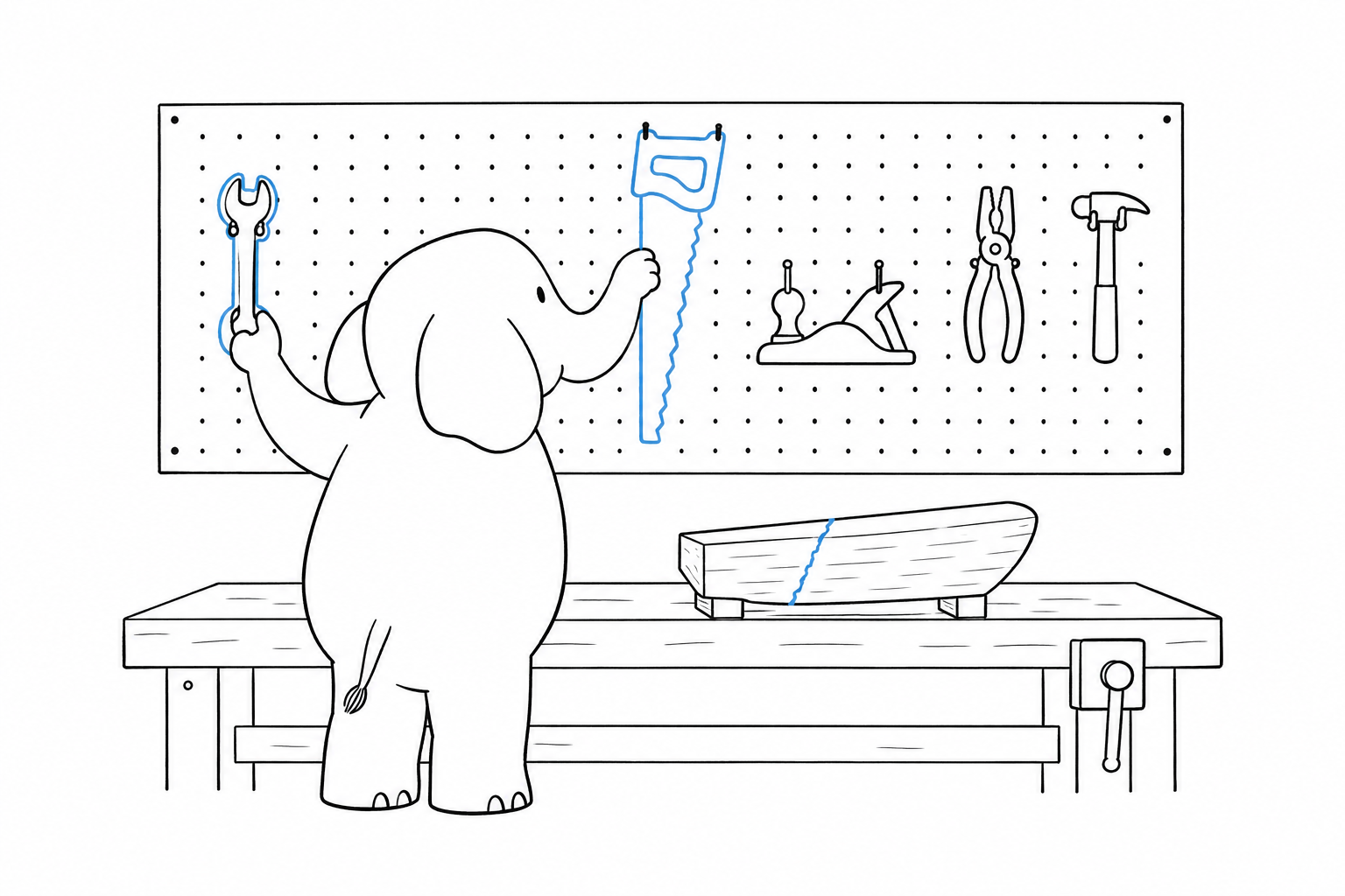 Un mur d'atelier où les outils sont suspendus dans leurs silhouettes. Un éléphant se tient devant, remettant une clé à molette dans sa silhouette et tendant la main vers un autre outil. Sur l'établi en dessous, un objet à moitié terminé qui a manifestement besoin du second outil