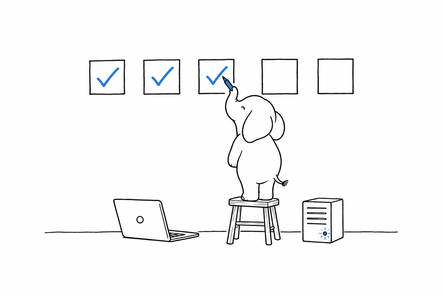 Une bande de cinq cases identiques dessinées sur un mur comme un planning hebdomadaire. Un éléphant debout sur un petit tabouret coche la troisième case avec un stylo ; les deux premières portent une coche, les deux dernières sont vides. Un ordinateur portable et un petit serveur sont posés au sol sous la bande