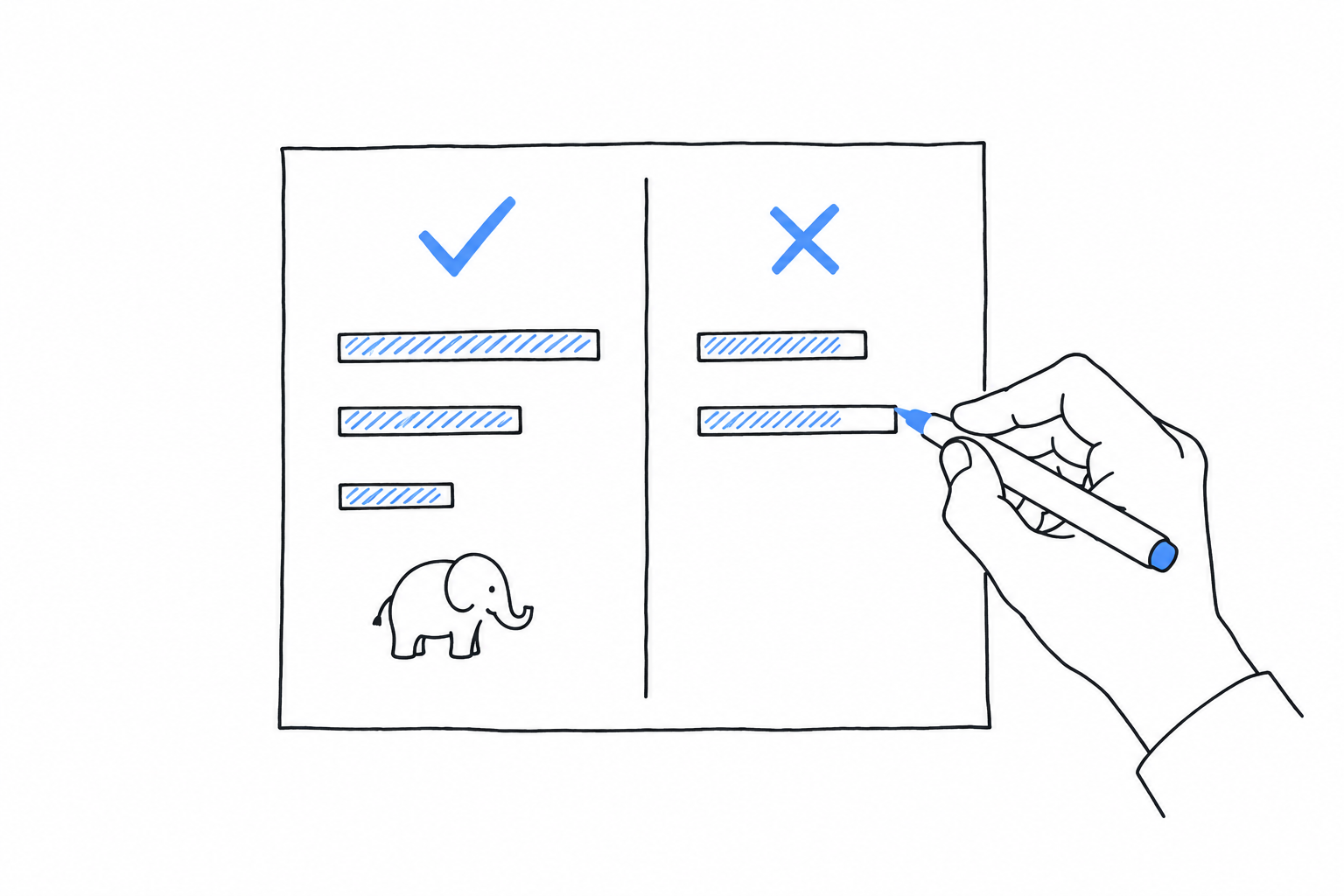 A sheet of paper divided in two columns by a vertical line. The left column is headed with a check mark and holds a few neat bars and a small elephant; the right column is headed with a cross and holds a few bars too. A hand holds a pen over the sheet, filling both columns