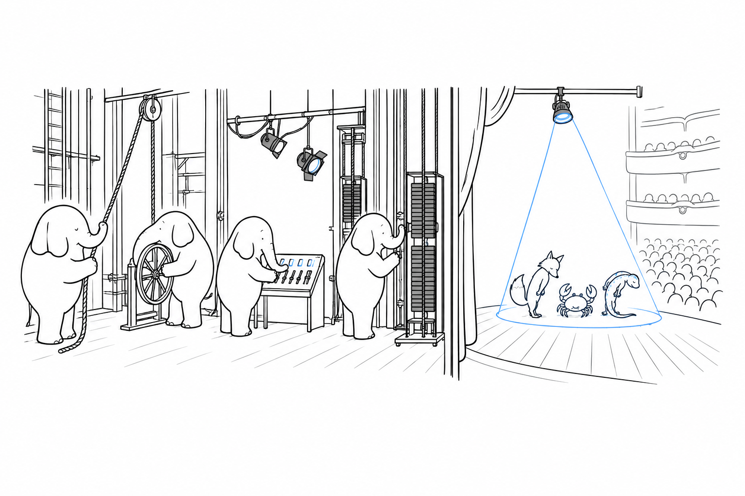 A theatre seen from the wings. On the stage, in a spotlight, a few small animals of different shapes take a bow. Backstage, in the half-light, a row of calm elephants operate the ropes, the counterweights and the lighting board that make the show run